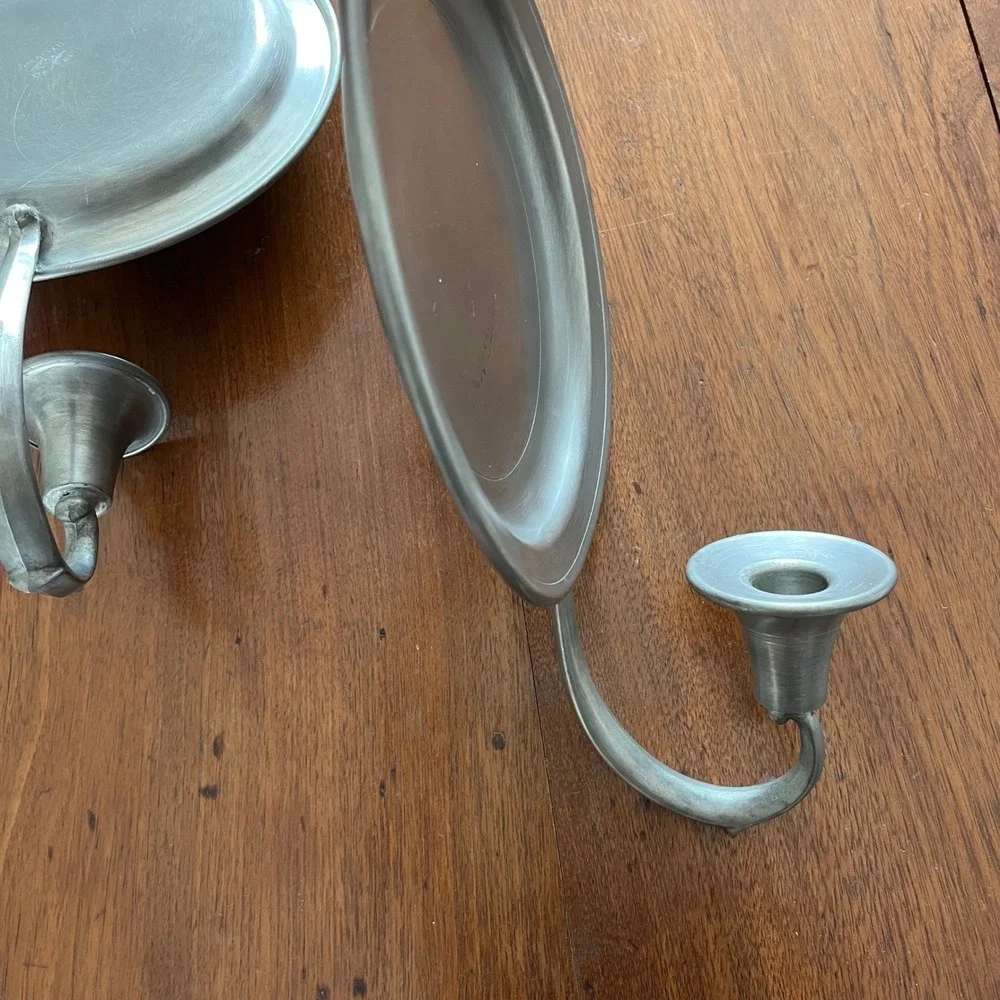 Vintage Pewter Candle Wall Sconce Pair Colonial Metal Reflection Taper Holder